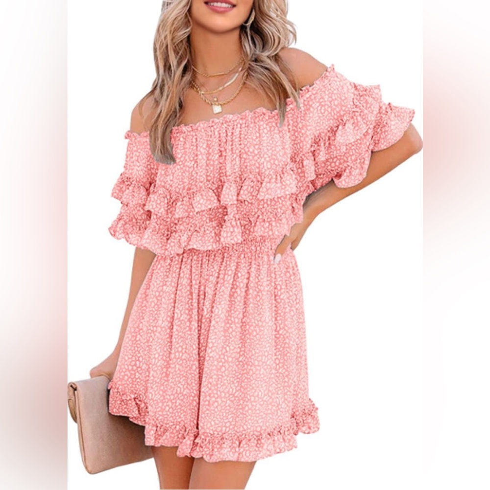 Womens Pink Printed Flowy Off Shoulder Mini Dress with Ruffles